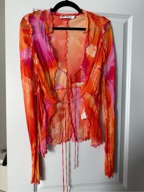 Rat & Boa Orange and Pink Sheer Tie-Front Blouse